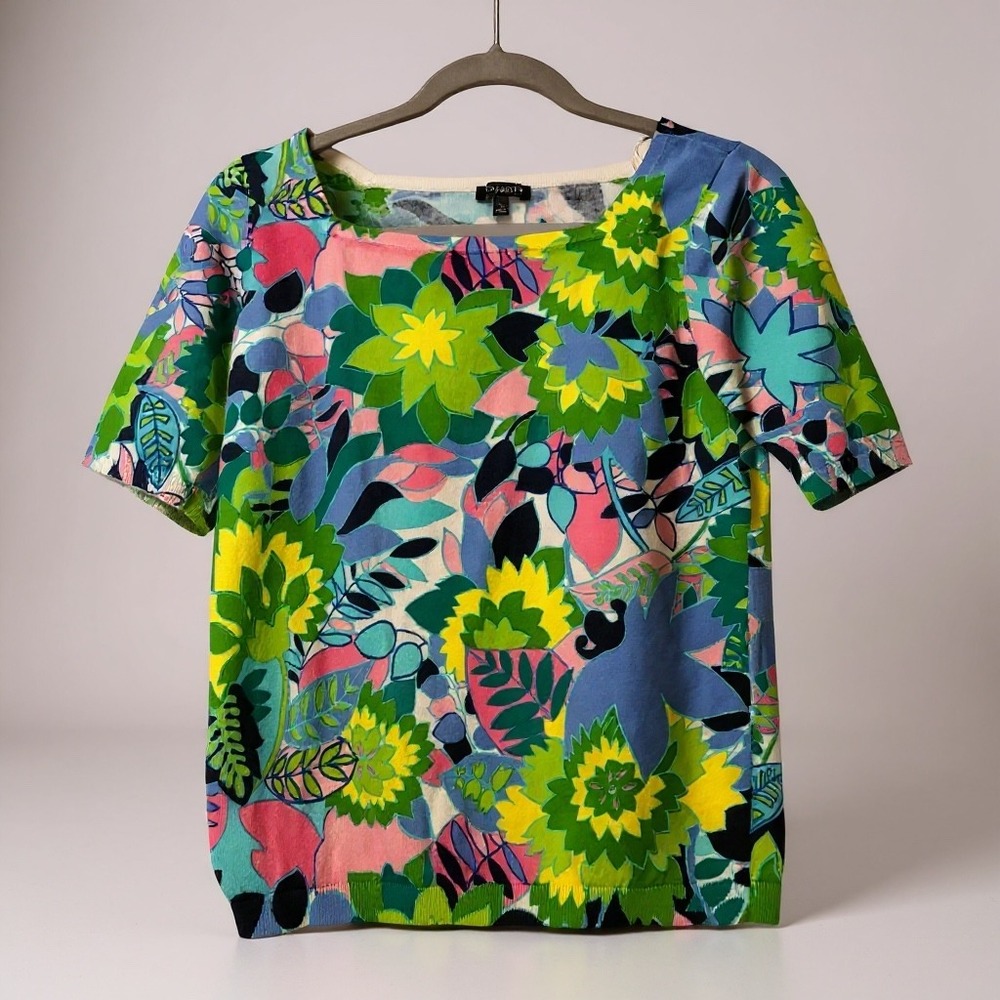 Talbots‎ Women's Floral Square Neck Short Sleeve Knit Sweater Top Size S